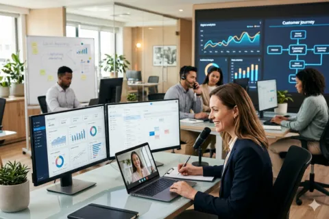 Full service ecommerce growth agency team managing amazon account management services with customer journey analytics and dual monitor dashboards
