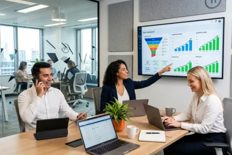 Marketing team reviewing sales dashboard with lead generation funnel and qualified leads growth chart representing lead generation services by Six Star Brands