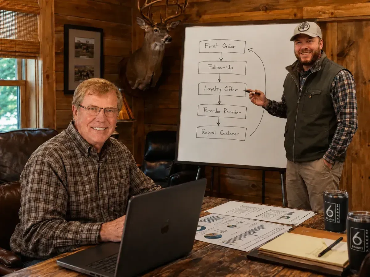 Marketing team reviewing repeat purchases CLV increase and brand loyalty charts representing customer retention marketing and ecommerce growth agency results