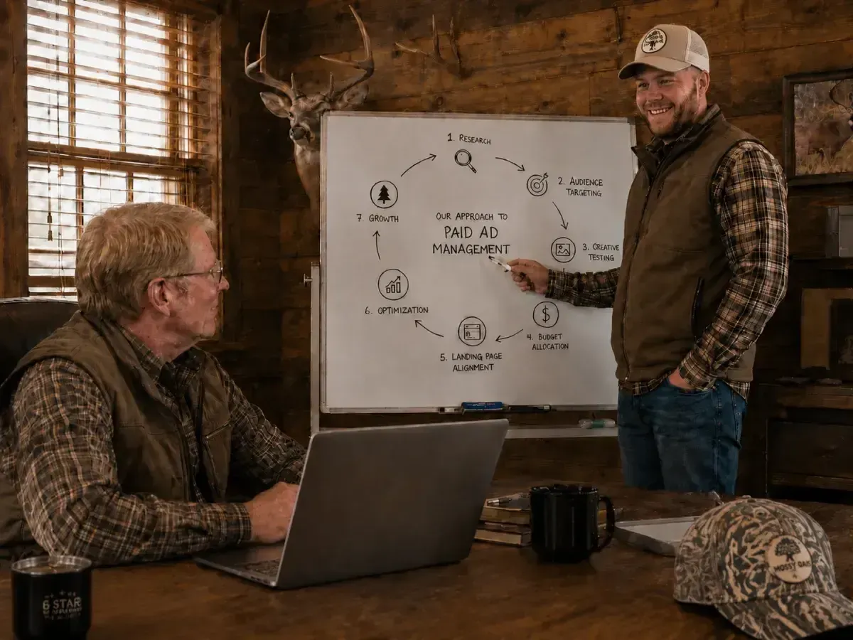 Marketing team analyzing conversion funnel optimization and ecommerce growth agency performance charts on large screen display in city view office