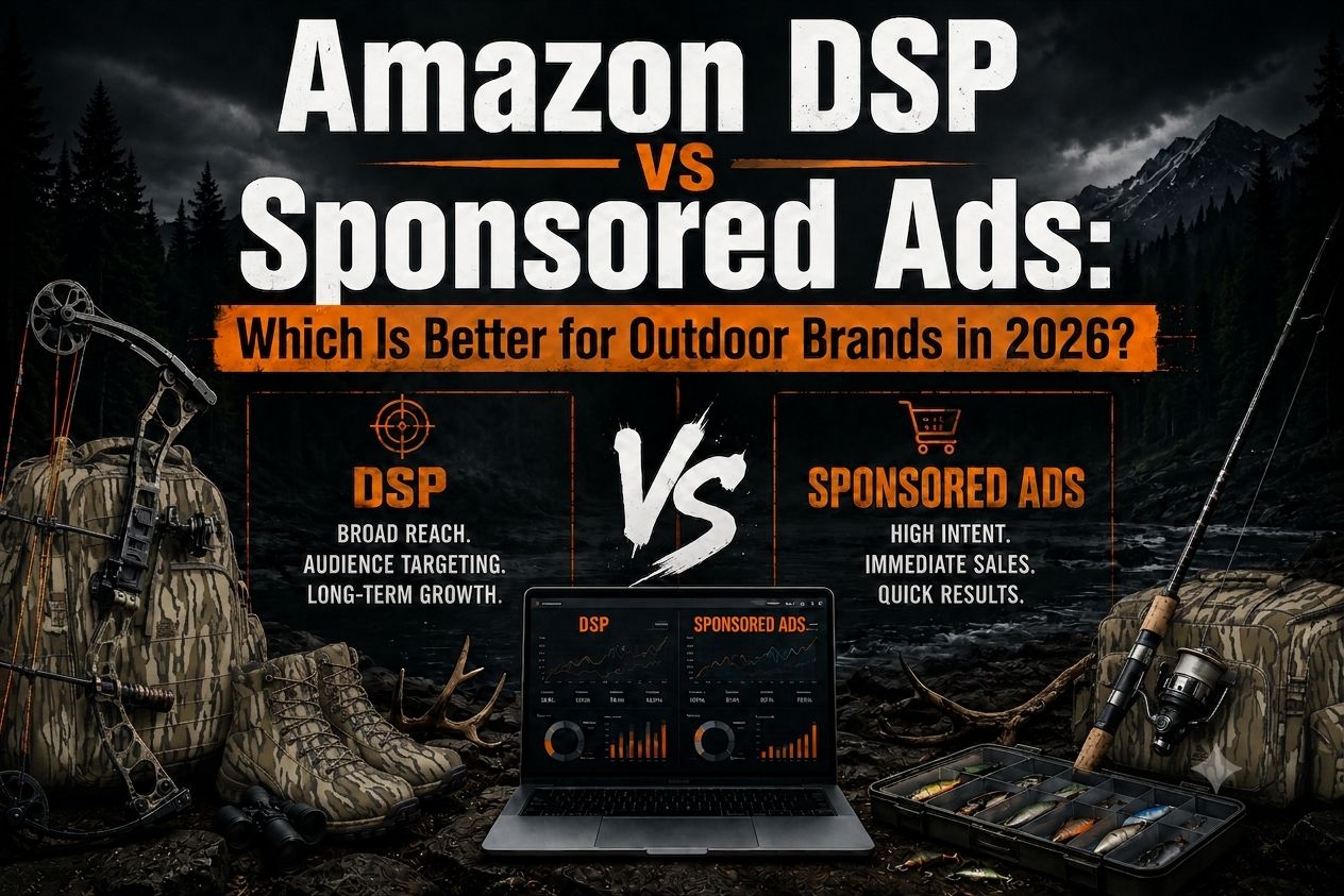 Amazon DSP vs Sponsored Ads comparison graphic for outdoor brands showing laptop analytics and hunting gear