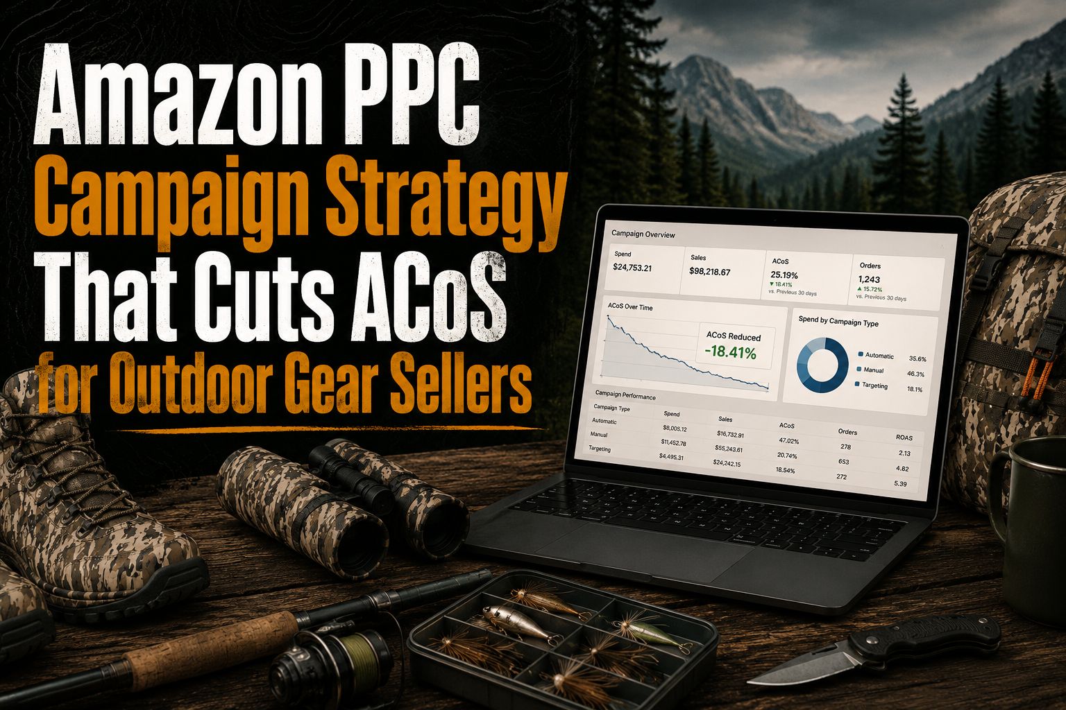Amazon PPC campaign strategy graphic showing laptop with analytics dashboard and outdoor gear for sellers