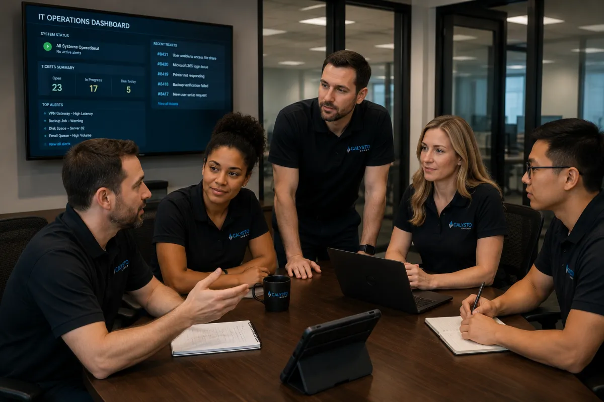 Calysto Group team and business leaders reviewing cybersecurity strategy and risk during a security assessment