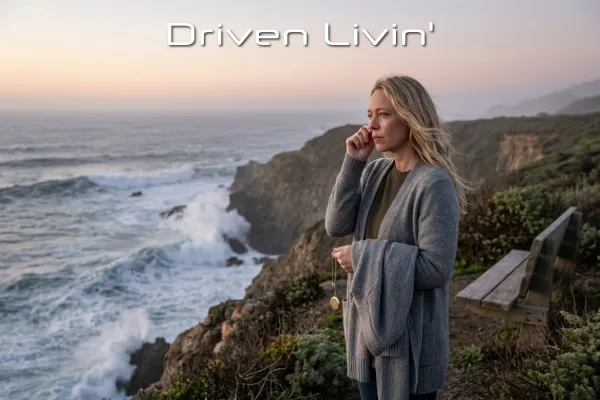 AI-generated illustration of April reflecting on the highway after her mother's passing. Image created for Driven Livin'.