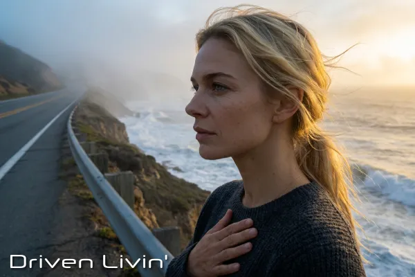 AI-generated illustration of April reflecting on the highway after her mother's passing. Image created for Driven Livin'.