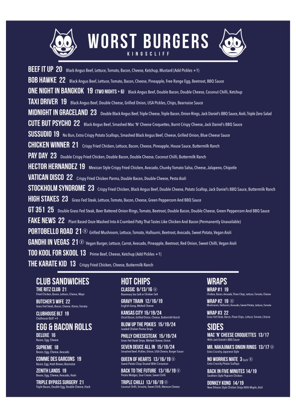 WORST BURGERS - Kingscliff - the best burger restaurant menu