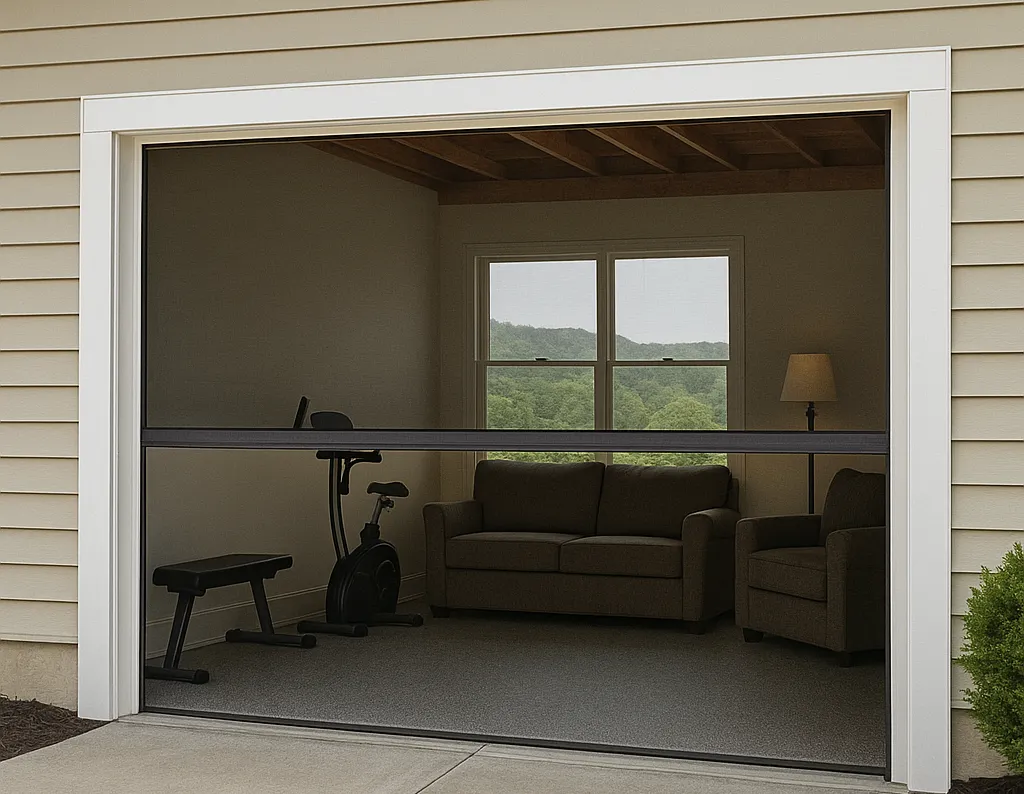 Garage door screen installation showcasing an open garage with exercise equipment and a cozy seating area, emphasizing home improvement and lifestyle enhancement.