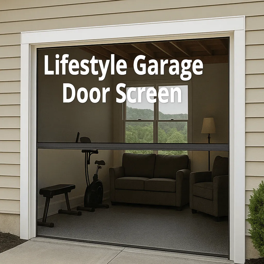 Garage door screen installation showcasing an open garage with exercise equipment and a cozy seating area, emphasizing home improvement and lifestyle enhancement.