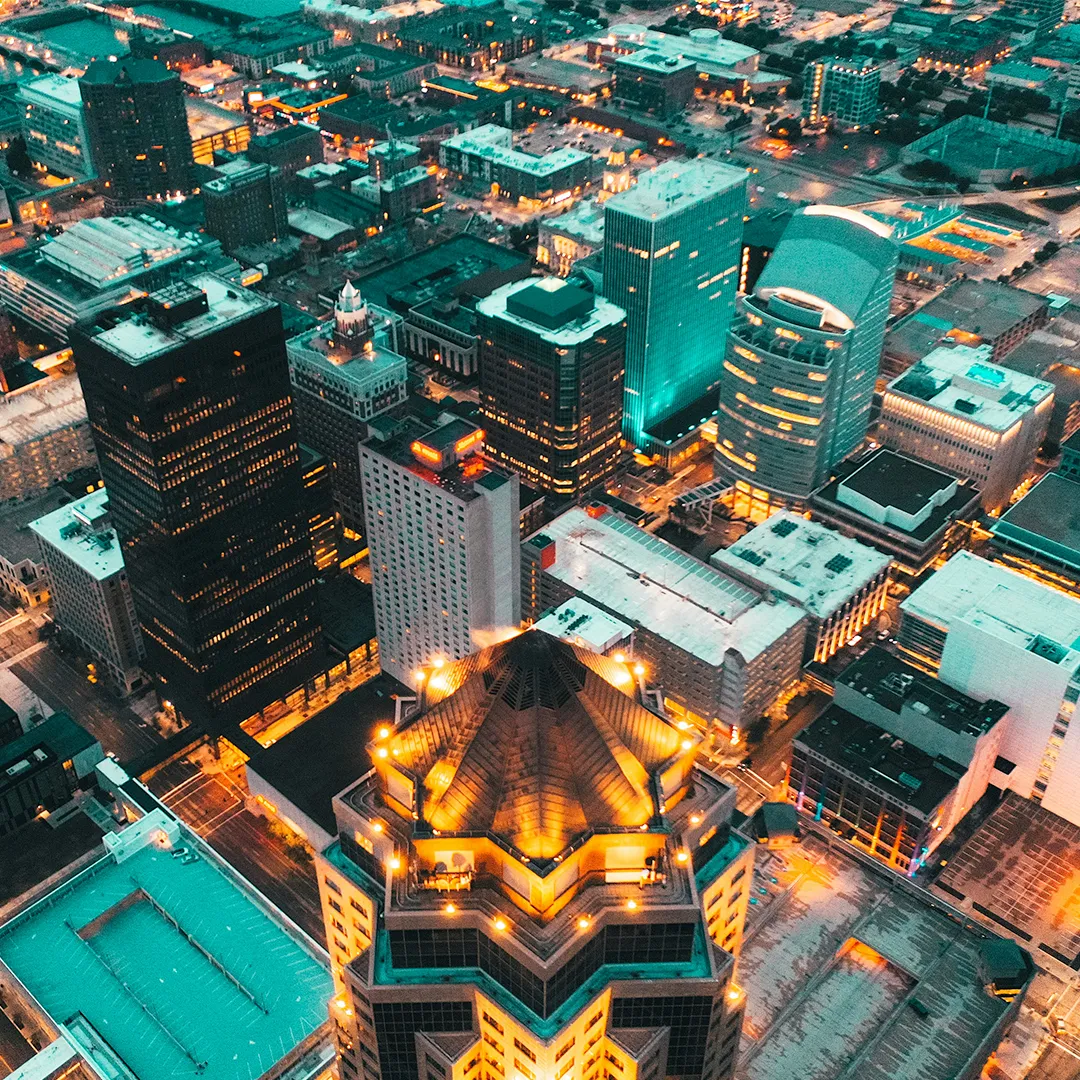 An aerial photo of downtown Des Moines