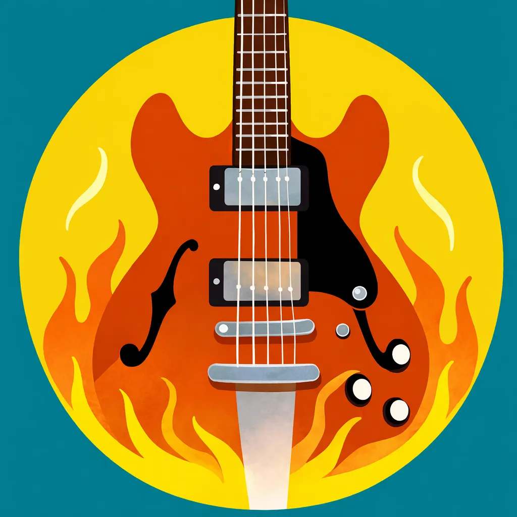 Jimi's Guitar logo, which is a Gretsch-esque Starburst guitar, in a yellow circle, surrounded by flames