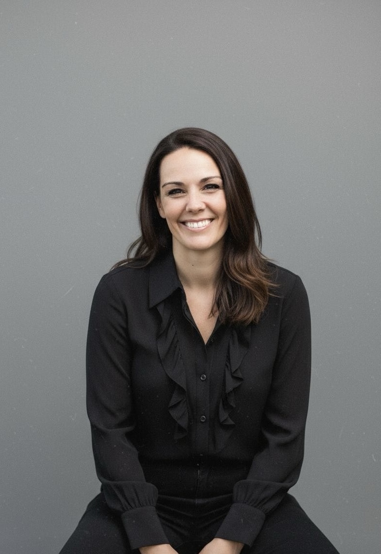 Smiling woman in a black top standing in a modern office space, representing Every Task LLC, a virtual assistant agency.