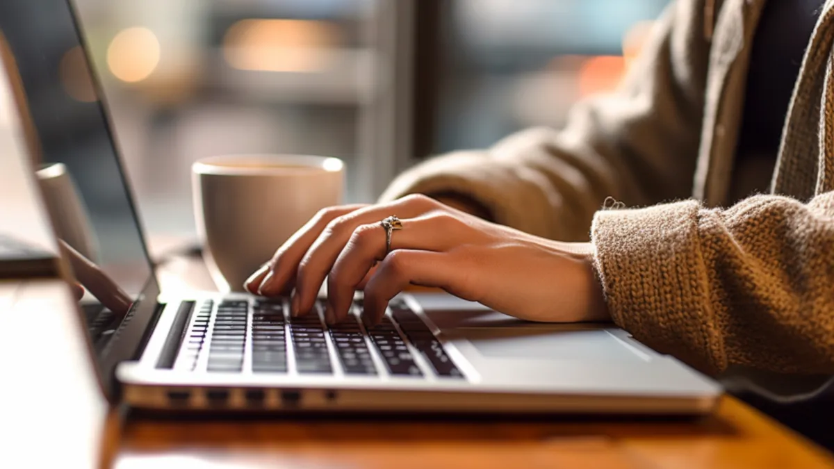 A person in a plaid shirt works at a laptop, with paper documents and a pencil holder on a desk in a bright, modern room.