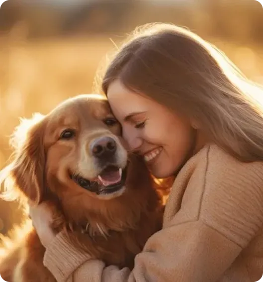 Happy woman hugging Golden Retriever - Petty Waggin trusted pet transportation across U.S. for comfort and safety