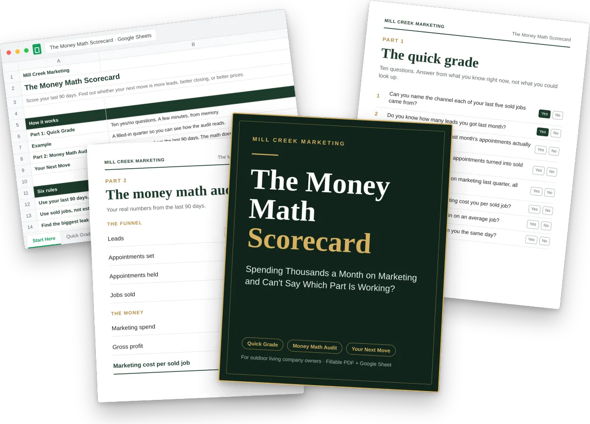 Triple-Layer Value Mockup featuring The Money Math Scorecard PDF and Google Sheet on device