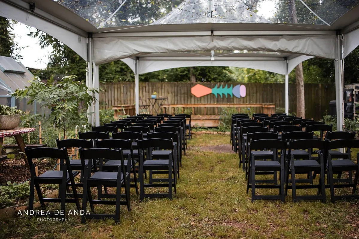 Spring event with linens and chairs neatly arranged