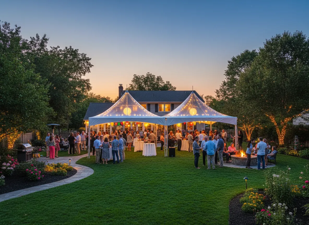 Tent setup with tables and chairs in an Atlanta backyard