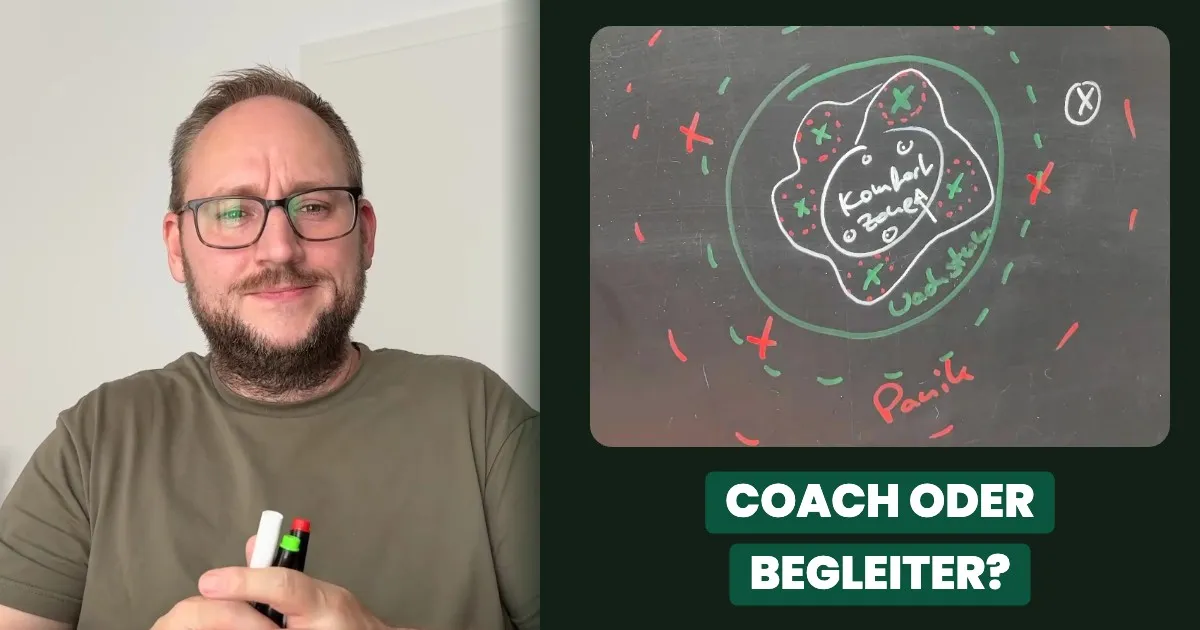 Coach oder Begleiter - René und Tafel mit Komfortzone, Wachstumszone und Panikzone