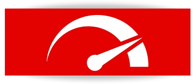 Graphic icon of a white speedometer with the needle pointing towards higher speeds on a vivid red background, symbolizing high performance and automotive excellence in Bend, Oregon.