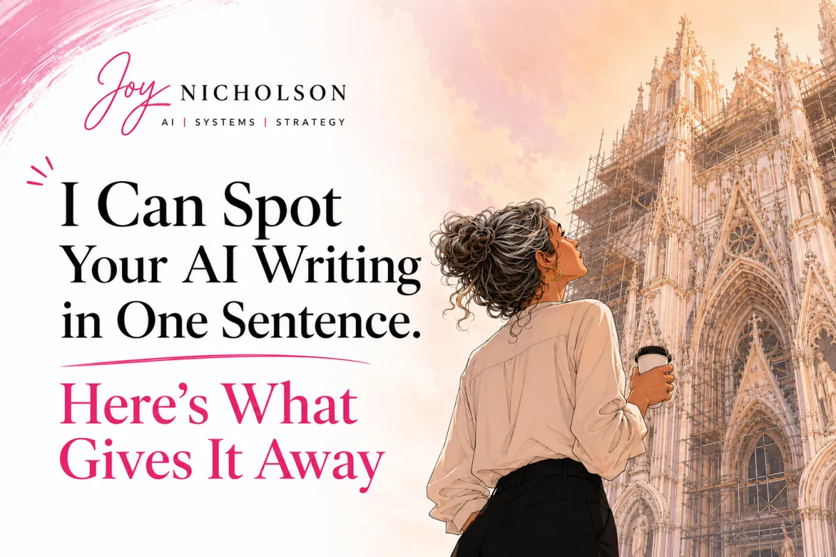 Woman with grey-streaked hair holding coffee beside an unfinished cathedral, with the headline “I Can Spot Your AI Writing in One Sentence.”