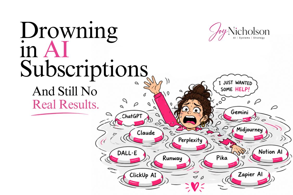 Blog Thumbnail woman drowning in AI subscriptions 