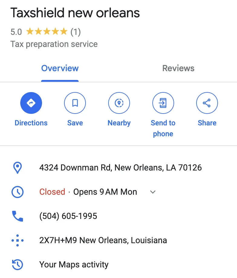 Taxshield service New Orleans Google review 