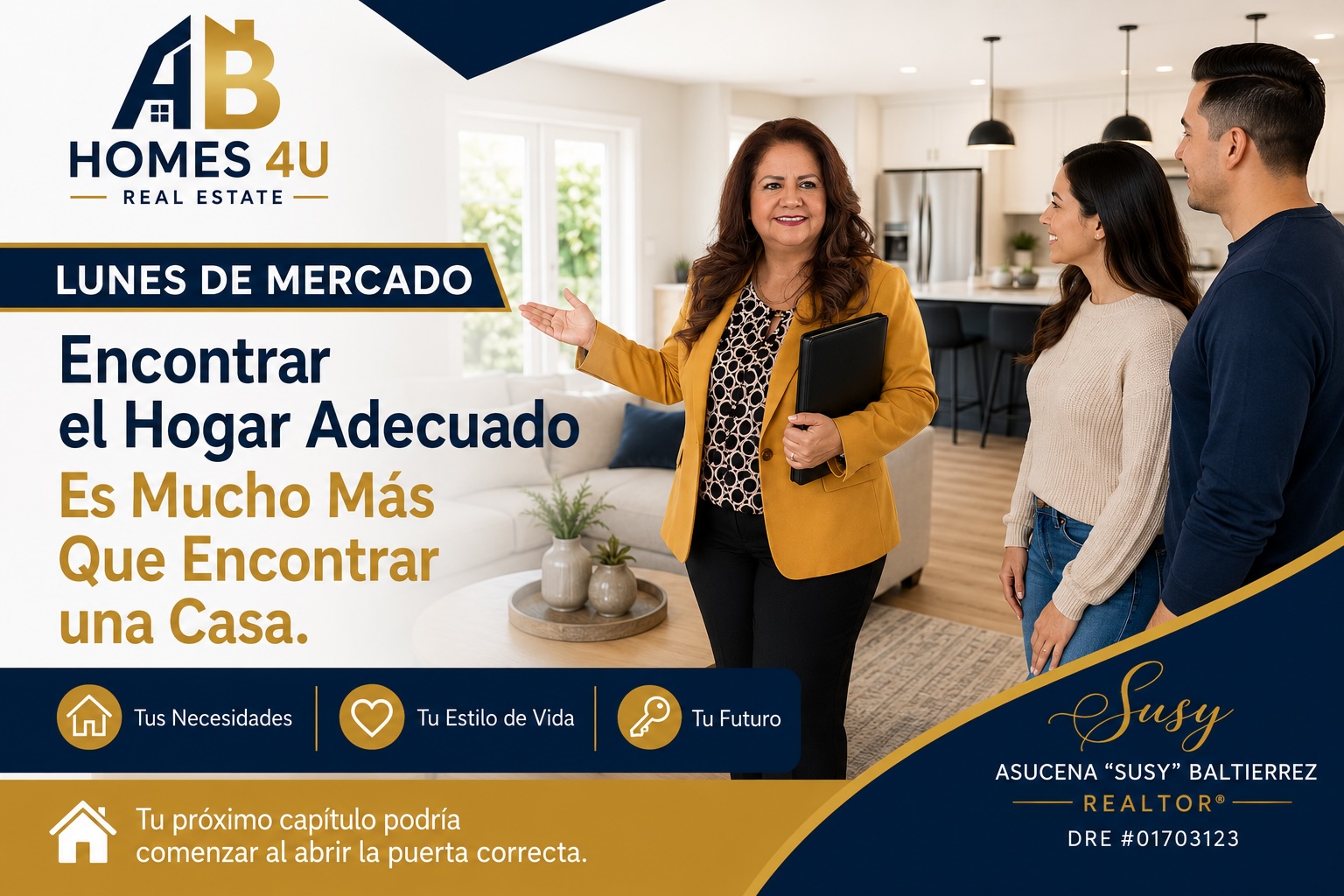 La agente de bienes raíces Asucena "Susy" Baltierrez mostrando una casa a sus clientes mientras exploran sus opciones para comprar un hogar.