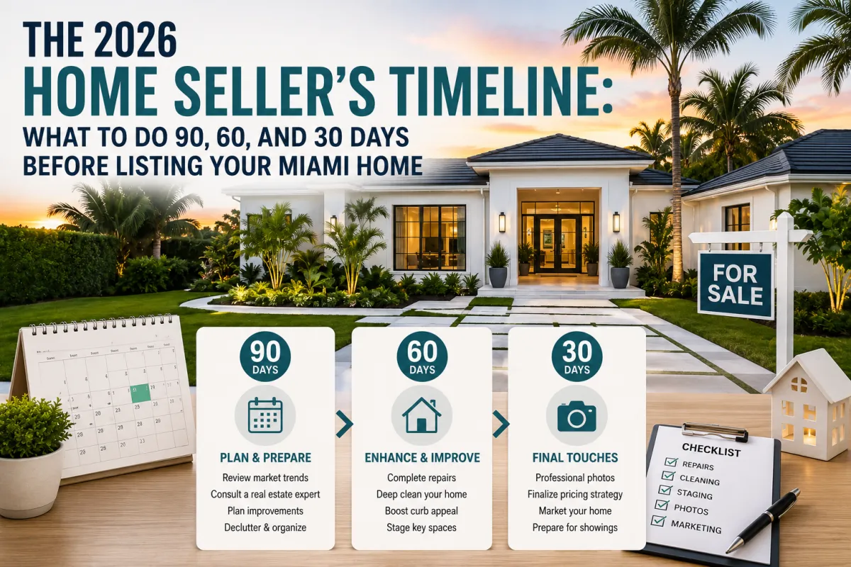 Beautiful Miami home prepared for sale with landscaped entrance, staged interior, and home selling timeline for 2026