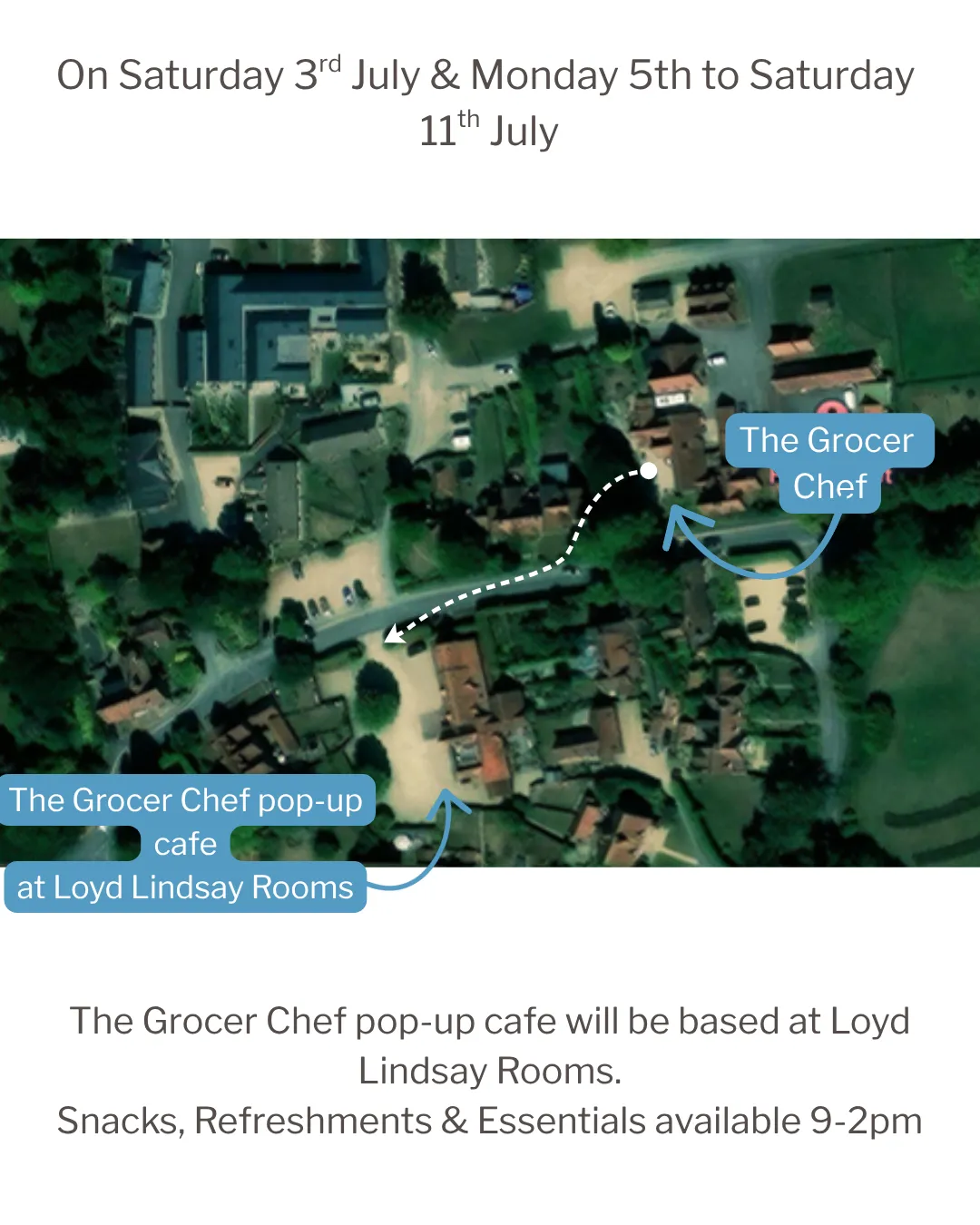 Map of Ardington village showing the location of Loyd Lindsay Rooms and The Grocer Chef pop-up cafe