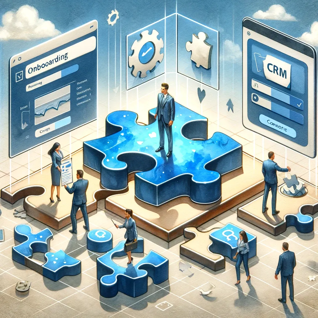 A watercolor-style image showing a large puzzle piece fitting into a CRM platform, with real estate agents interacting with the system, symbolizing tailored CRM solutions for different users.