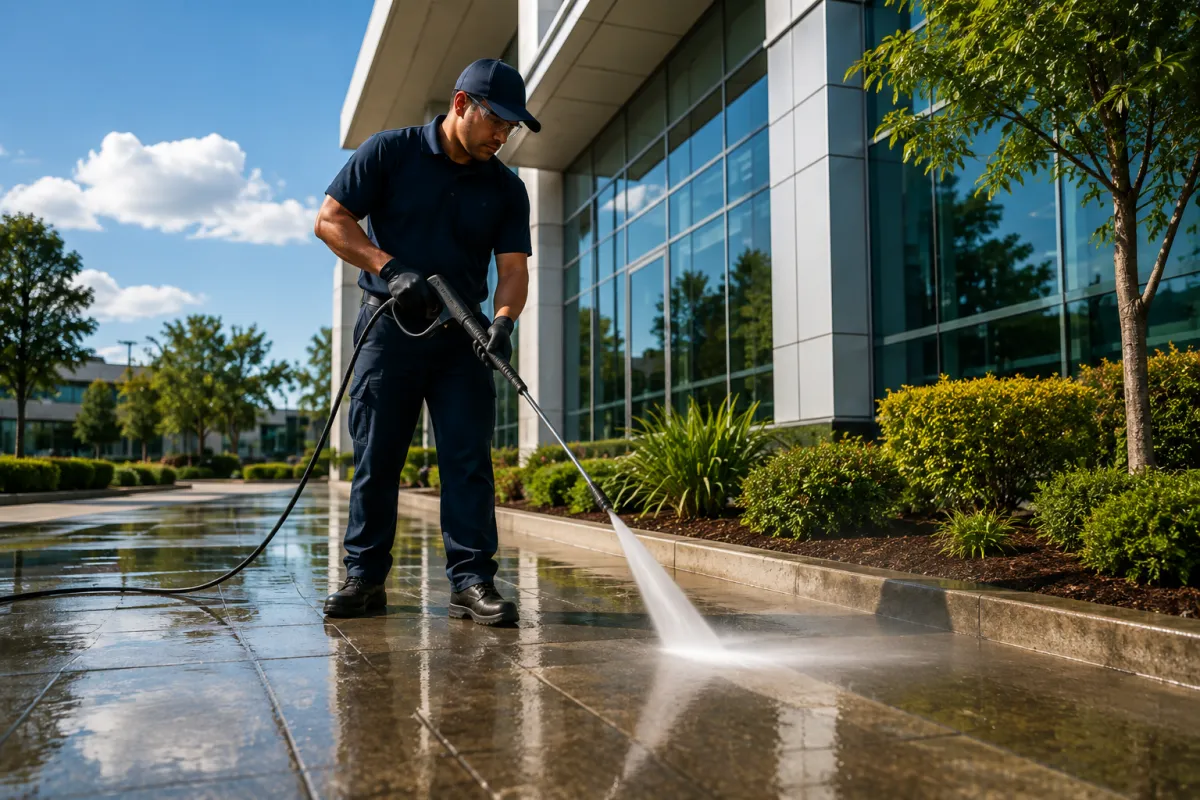 Commercial pressure washing of building exterior and walkways in Orange County by All Care
