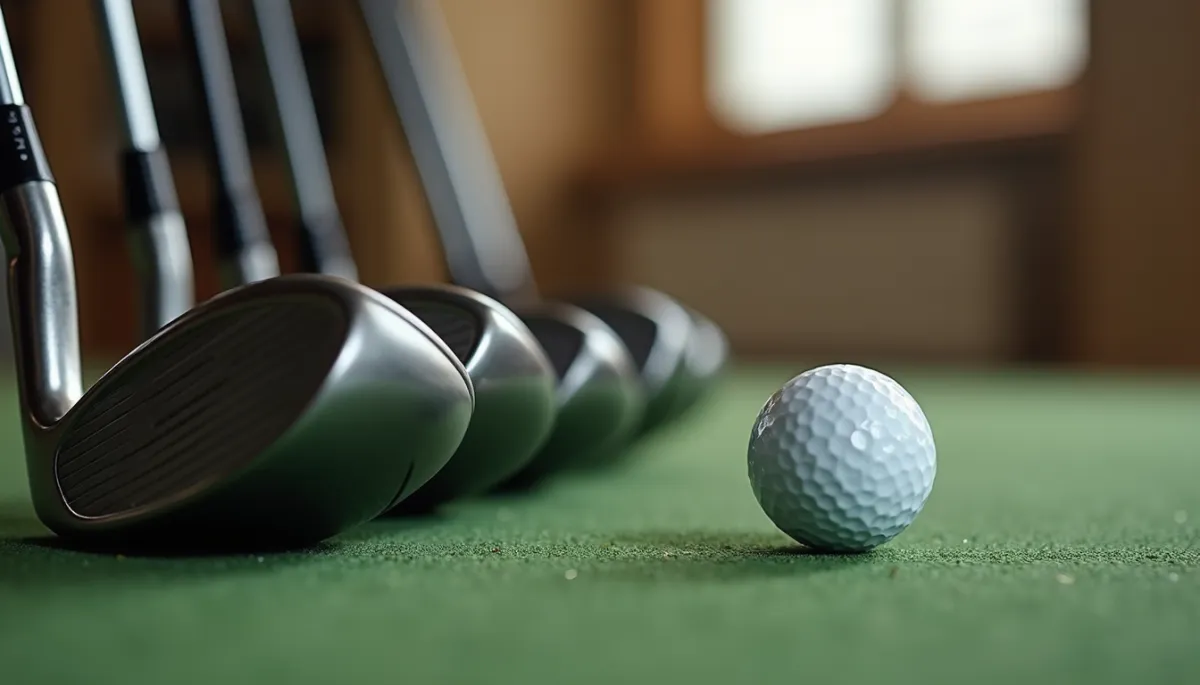 A close-up of a golf ball next to a line-up of golf club heads.