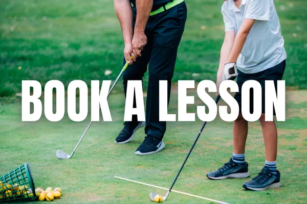 Golf coaching with 'book a lesson' text 