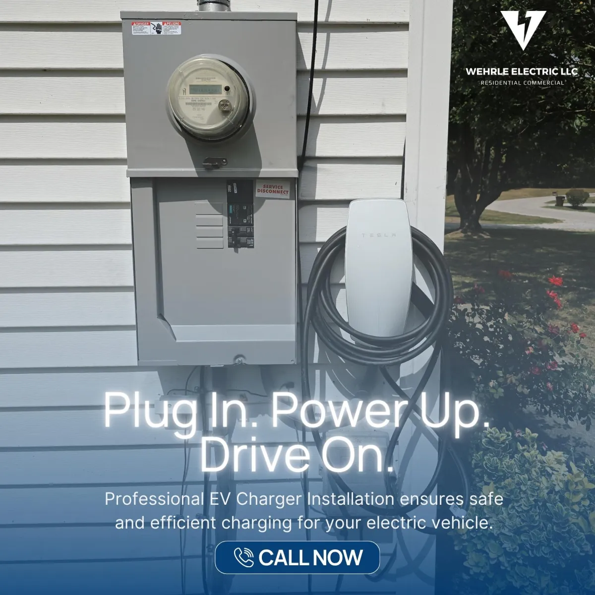 Electric vehicle charger installation on a residential exterior by Wehrle Electric, providing safe and efficient EV charging powered by a professionally wired electrical system.