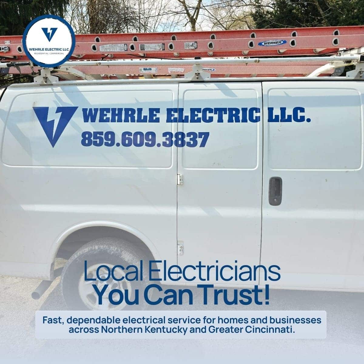 Wehrle Electric service van parked in Covington, Kentucky, representing licensed local electricians providing residential and commercial electrical services across Northern Kentucky and the Greater Cincinnati area.