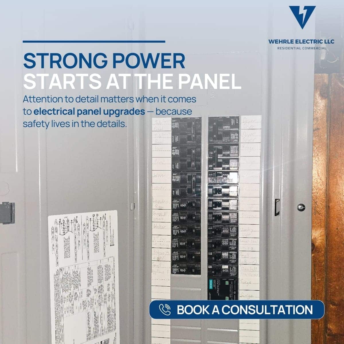 Upgraded residential electrical panel installed by Wehrle Electric, illustrating organized breakers and professional workmanship for improved electrical safety and reliability.