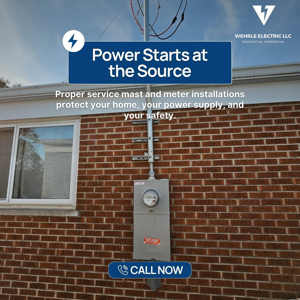 Residential electrical service mast and meter installation performed by Wehrle Electric, showing safe, code-compliant power service for a home in Northern Kentucky.