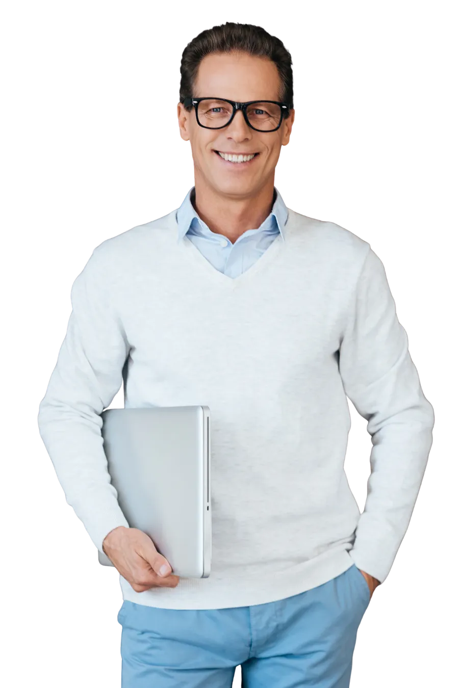 Smiling man starting his internship program.