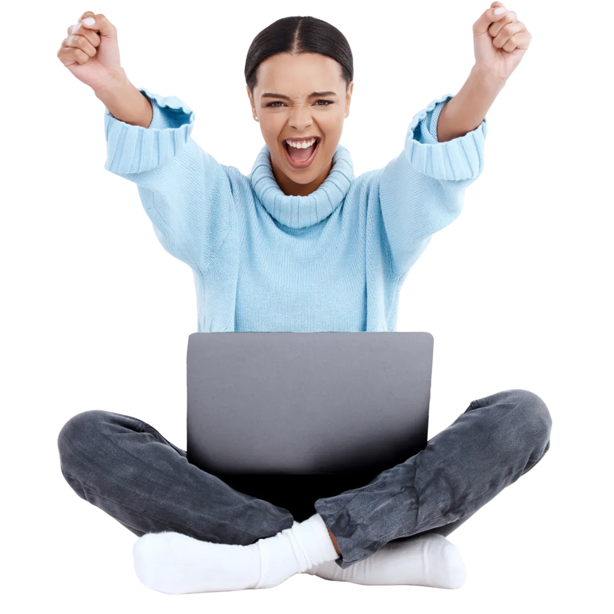 Student cheering after submitting internship application online.