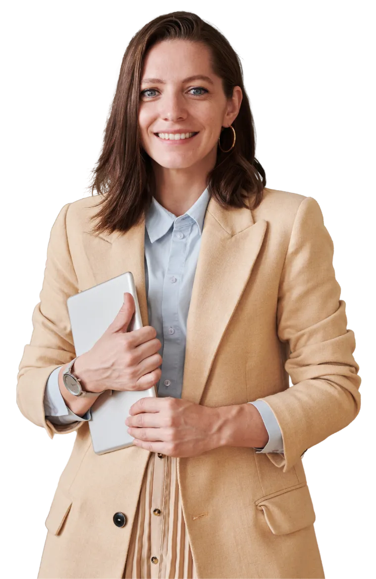 Professional woman holding a tablet ready to manage client referral tasks.