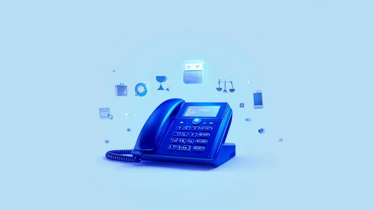 Office desk phone surrounded by floating calendar, chat and scales of justice icons