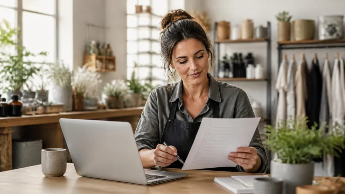 Small business owner at a tidy desk reviewing a one-page checklist beside a laptop