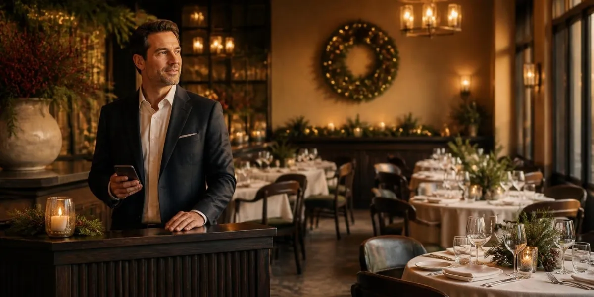 Restaurant manager at the host stand in a warm dining room set for a holiday event, phone in hand