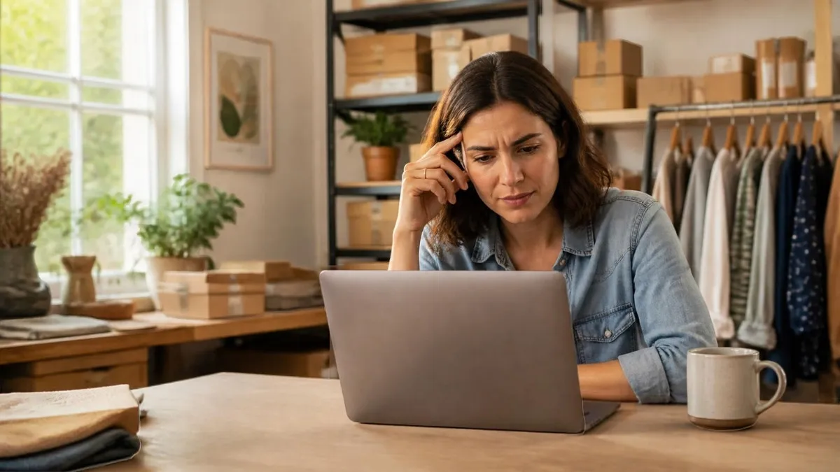 Small business owner looking puzzled at an email inbox on a laptop with a mug beside them