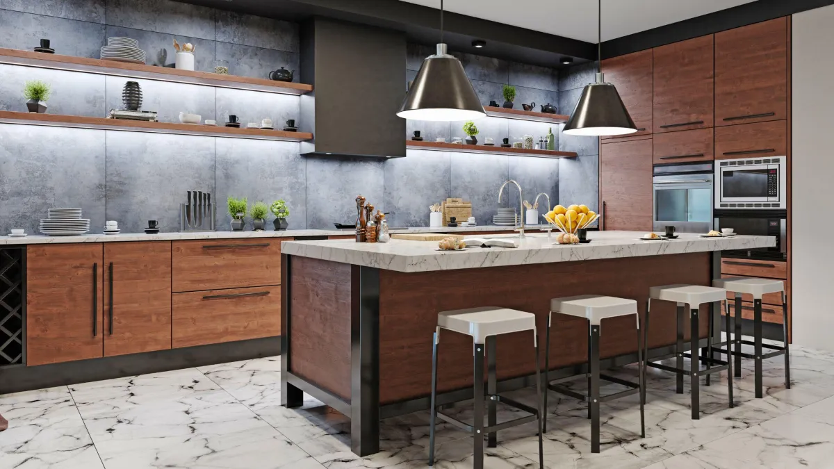 This kitchen masterfully combines the warmth of farmhouse aesthetics with contemporary design elements. Rich wood cabinetry and open shelving bring a natural, inviting feel, while the sleek marble countertop and matching island provide a luxurious touch. Oversized metal pendant lights hang above the island, offering task lighting with an industrial vibe. The cool-toned concrete backsplash contrasts with the warmth of the wood, adding depth and texture to the space. The sophisticated stainless steel appliances are neatly integrated, complementing the clean lines of the kitchen. This space is not only a culinary hub but also a stylish centerpiece for the home, blending rustic charm with modern functionality.