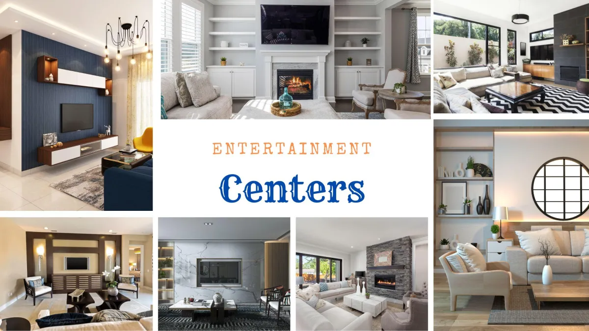 Stylish custom entertainment centers by ELCI Designs featuring built-in cabinets, sleek shelving, modern TV wall units, and cozy fireplace settings, perfect for elevating any living room ambiance.