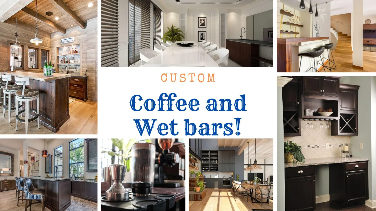 Chic and inviting home bar and coffee wet bar designs featuring EL&CI custom cabinetry and flooring, with cozy seating nooks, ample storage, and integrated wine fridges for the ultimate home entertainment experience.