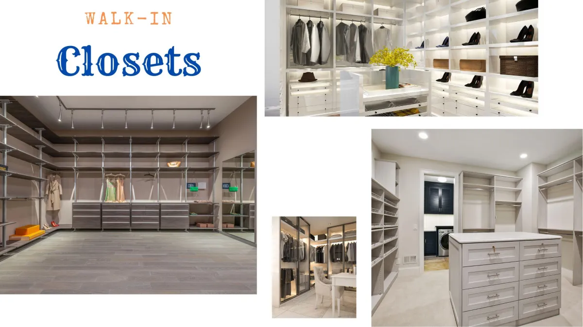 Collage of walk-in closet designs featuring a range of storage solutions. Top left: An expansive closet with open shelving and hanging space, showcasing dresses and coats. Top right: A bright closet with illuminated shelves displaying an assortment of shoes. Bottom left: A more industrial-style closet with metal framing and wooden drawers. Bottom right: A neatly organized closet with built-in drawers and cabinetry, including a central island for additional storage. Each image depicts a personalized approach to wardrobe organization in a home setting.