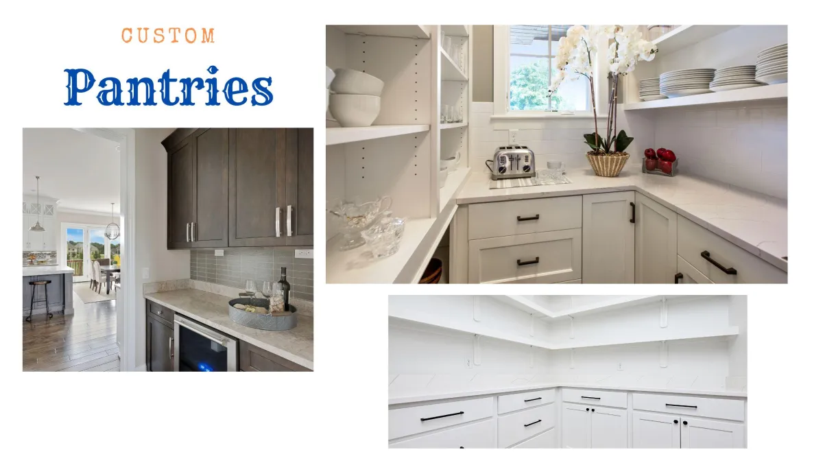 Collage showcasing the elegance of custom pantries with a variety of designs. Top left: A peek into a kitchen with dark wood cabinetry and a wine cellar. Top right: A close-up of white cabinetry with neatly arranged dishes and a toaster on the counter. Bottom image: An expansive white pantry featuring shelves and drawers for organized storage, highlighted by the clean lines and functional design. The text 'Custom Pantries' emphasizes the tailored approach to kitchen storage.