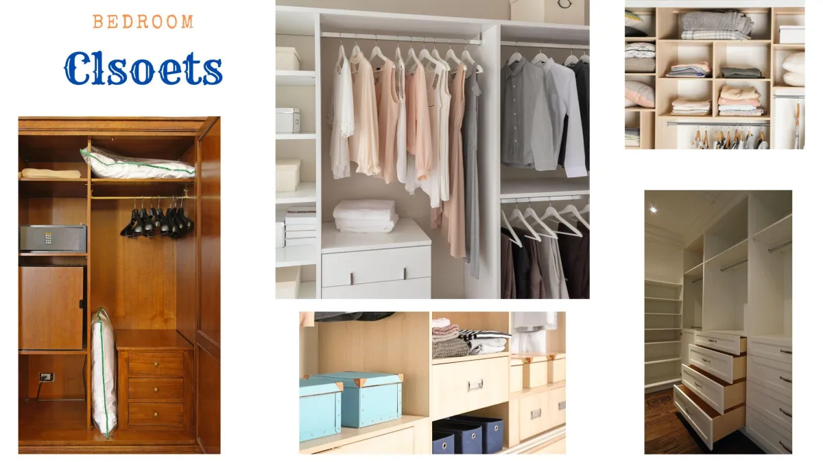 Collage of various bedroom closet designs titled 'Bedroom Closets'. Top left: A classic wooden closet with a built-in shoe rack and a safe. Top right: A neatly organized closet with open shelving full of folded clothes and storage boxes. Bottom: Modern closets with soft-close drawers and hanging space, showcasing an efficient use of space and customized storage solutions. The images display a range from traditional to contemporary closet styles for diverse storage needs.
