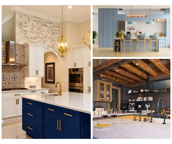 Three distinct kitchen designs showcasing custom cabinetry that cater to diverse tastes and needs. Top left: A classic and elegant kitchen featuring crisp white upper cabinets paired with a bold blue base, accented with golden hardware, and an ornate backsplash, evoking a timeless yet modern aesthetic. Top right: A contemporary kitchen space that balances cool blue tones with warm wooden textures, featuring sleek lines, minimalist bar stools, and designer lighting for a chic, airy feel. Bottom: A rustic kitchen with rich, dark tones, exposed wooden beams, and open shelving that exudes a cozy, inviting atmosphere, perfect for those who appreciate the warmth of traditional design with a modern twist. Each kitchen is meticulously crafted, combining beauty and functionality to create the heart of the home.